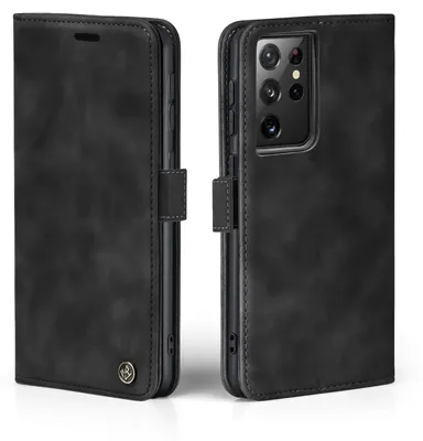 A black flip case for a Samsung Galaxy S21 Ultra 5G phone, shown from the front and back.