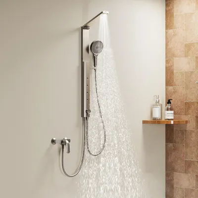 Produktbild von HOROW Regendusche Set Grau, Duschset Duschsystem mit 4 Massage-Modi, Klappbares Duschset, Höhenverstellbar, ohne Armatur, passt auch für Badewannen