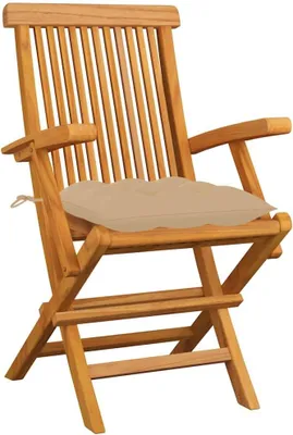 Produktbild von 3 klappbare Gartenstühle aus massivem Teakholz mit beigen Kissen, Armlehnen und gepolsterter Sitzfläche für Terrasse, Balkon, Garten und Veranda