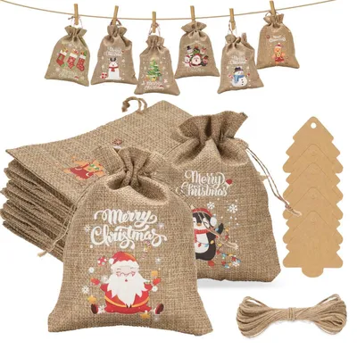 Immagine prodotto di Calendario dell'Avvento con 24 sacchetti in iuta, dimensioni 10x15 cm, con ciondolo e corda
