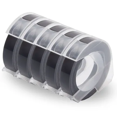 Produktbild von UniPlus 5x Kompatibel 3D Prägeband als Ersatz für Dymo Embossing 3D Etikettenband 9mm x 3m Weiß auf Schwarz für Dymo Omega Junior Embosser, Old Rotex Embosser, Oldschool Etikettenprägegerät