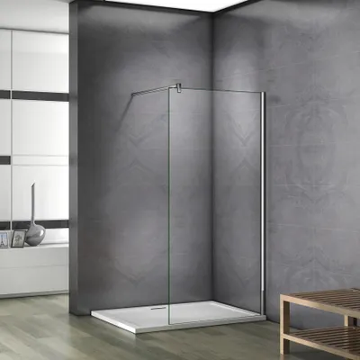 A modern bathroom with a walk-in shower.