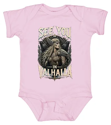 Obrázek produktu pro Body pro miminko, růžová barva, velikost 3/6 měsíců, s motivem "Vidíme se ve Valhalle", Viking, válečnice, Valkýra, Odin, severská mytologie