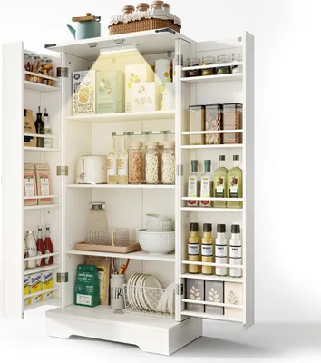 Produktbild von Buffetschrank Weiß 128,5 cm, Hochschrank Landhausstil mit automatischer LED-Beleuchtung, Türregale & Kippschutz