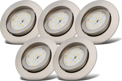 A set of five recessed LED spotlights with brushed nickel trim.