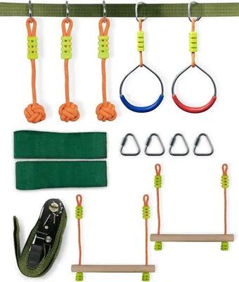 Produktbild von Famanu Ninja-Parcours Set 10 m Slackline mit Zubehör - Outdoor Spielplatz