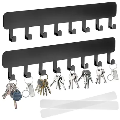 Schlüsselbrett, 2er-Set, selbstklebend, 16 Haken, schwarz