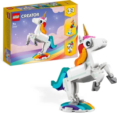 Produktbild von LEGO 31140 Creator 3in1 Magisches Einhorn Spielzeug, Seepferdchen, Pfau, Regenbogen-Einhorn-Tierfiguren, Geschenk für Mädchen und Jungen, baubares Spielzeug