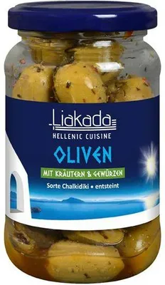 Produktbild von Liakada Grüne Oliven mit Kräutern & Gewürzen trocken eingelegt Sorte Chalkidiki entsteint  190 G Glas  Vegan Glutenfrei Fruchtig, leicht bitter, würzige Note