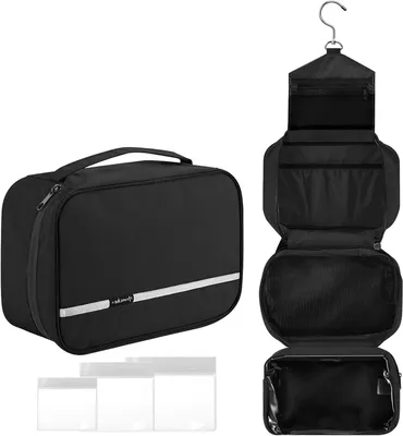 Produktbild von Reisetagebuch – Kosmetiktasche – Ordnungssystem – Faltbarer Haken – 4 Fächer – Schwarz