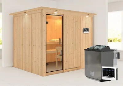 Produktbild von Karibu Sauna Innensauna Gobin Fronteinstieg Ofen 9 kW  externe Strg easy 245x210x202 cm mit Dachkranz mit Klarglastür
