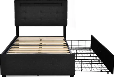 Produktbild von Flieks Polsterbett 90x200cm mit LED und höhenverstellbarem Kopfteil, Einzelbett mit Lattenrost und 2 Schubladen, Stauraumbett Leinen, Schwarz