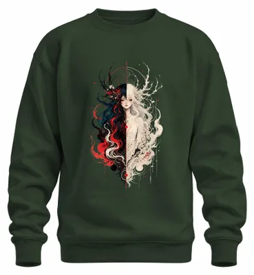 Imagen del producto de Sudadera con estampado de anime, estilo gótico, con motivos de yin yang y dualidad, inspirada en la estética japonesa y el estilo Y2K, diseño de manga, color verde botella, talla S