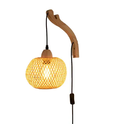 Produktbild von Wandleuchte aus Holz, runder Korbschirm mit Kabel, Schalter und E27-Fassung „RAMA“