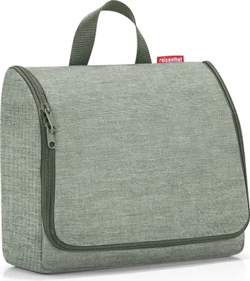 A light green toiletry bag with a gray zipper and handle, against a white background.