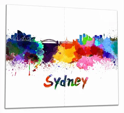 Produktbild von Wallario Herdabdeckplatte aus Glas, Größe 60 x 52 cm 2-teilig, Motiv Städte als Aquarell - Skyline von Sydney
