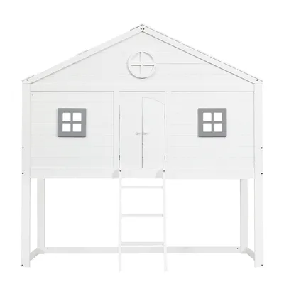 Produktbild von Flieks Etagenbett 90x200cm mit Tür & Fenster, Kinderbett Hausbett mit Rausfallschutz, Hochbett mit Leiter, Stockbett Holzbett mit Lattenrost, Weiß
