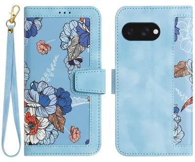 Image de Étui portefeuille en similicuir pour Google Pixel 9a, motif floral, bleu clair