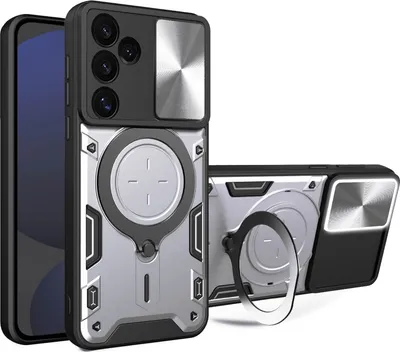 Produktbild von Handyhülle für Samsung Galaxy S24 FE Dual-Layer Stoßfest Rüstung Hülle mit Dia Kameraschutz und Kreisförmig Ring Ständer Silber