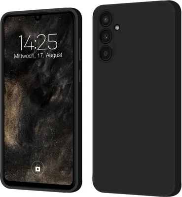 A black phone case is shown next to a smartphone displaying the time and date.
