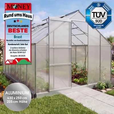 Produktbild von BRAST Gewächshaus Aluminium mit Fundament | 430x250x205cm | 6mm Hohlkammerplatten | rostfrei wetterfest temperaturbeständig | Silber