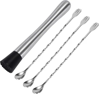 Produktbild von Edelstahl Cocktailstampfer und Rührlöffel Set - 4-teiliges Werkzeugset für Mojitos und Fruchtgetränke