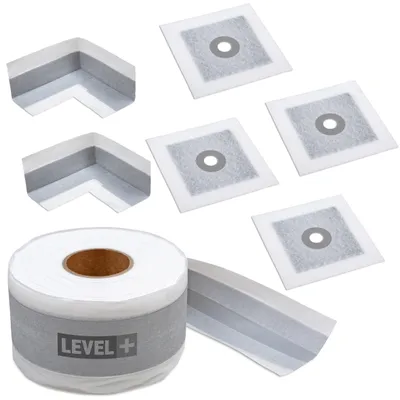 Obrázek produktu pro Sada pro hydroizolaci sprchového koutu, těsnicí páska G05 10 m, 2 ks rohů, 4 ks manžet. Level+ SETEZ4