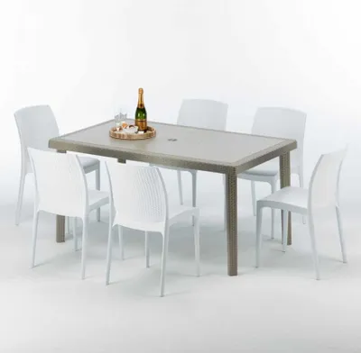 Produktbild von Polyrattan Tisch Rechteckig mit 6 Bunten Stühlen 150x90 Beige Marion