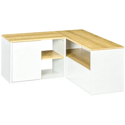 Image de Meuble TV d'angle HOMCOM, meuble TV jusqu'à 40 pouces avec éclairage de rangement et finition blanc bois