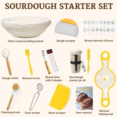 Sauerteig-Starter-Set, 12-tlg., Gärkorb 23 cm, Glasgefäß