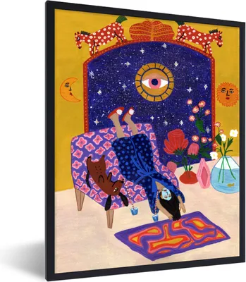 Produktbild von MuchoWow® Gerahmtes Poster Frauen - Psychedelisch - Hippie 60x80 cm - Poster mit Schwarzem Bilderrahmen Wandposter Rahmen Foto Bilder - Premium - Wanddeko Wohnzimmer