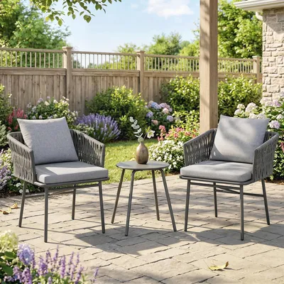 Produktbild von Balkon Bistro-Set 3-teilig Grau, Gartenmöbel 2 Stühle & Metalltisch, PE-Rattan Stahlrahmen, Grau | 63x58x69 cm | 4 Kissen abnehmbar | wetterfest