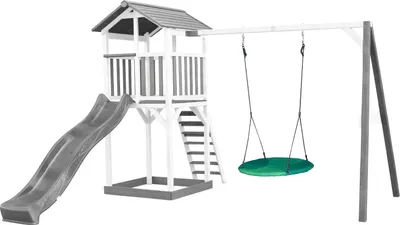 Produktbild von AXI Beach Tower Spielturm aus Holz in Weiß & Grau | Spielhaus für Kinder mit grauer Rutsche, Nestschaukel und Sandkasten | Stelzenhaus für den Garten
