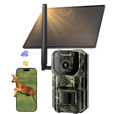 Produktbild von Usogood 4G LTE Wildkamera mit Handyübertragung App & Bewegungsmelder, 2K Solar Überwachungskamera Aussen mit SIM Karte, Nachtsicht, GPS
