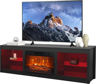 Produktbild von Parrot Uncle TV-Schrank für Fernseher bis 75 Zoll, MDF, Schwarz , mit 24" Elektrokamin und Farbwechselnde LED-Leiste, 168 x 42 x 56 cm, 54 kg Tragkraf