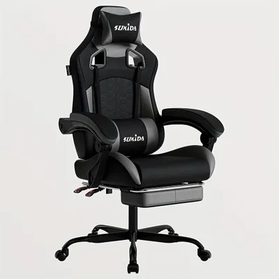 Immagine prodotto di Sedia da gaming ergonomica di colore grigio scuro, con poggiapiedi e schienale regolabile