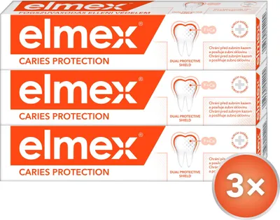Three tubes of Elmex toothpaste stacked vertically, with illustrations of teeth and protective shields.