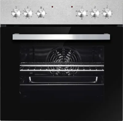 A front view of a built-in oven with the door open, showing the interior.