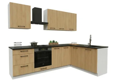 Produktbild von Eckküche - 260x170 cm - Hicora-Eiche - 8 Küchenschränke - mit schwarzer Arbeitsplatte - moderne Küchenmöbel-Set - Küchenblock - BONO