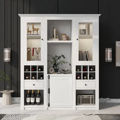 Produktbild von Merax Standvitrine Buffet mit LED-Beleuchtung inkl. Fernbedienung, Vitrine Dekorative Rahmenoptik Glasvitrine mit Weinregal, 143x170x46cm, Weiß
