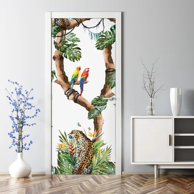 Produktbild von Dekorative Türtapete Wandtapete selbstklebend Türaufkleber Aufkleber Geparden und Blumen 77 x 200 cm