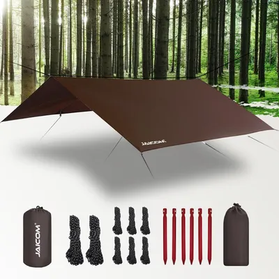 Zdjęcie produktu dla Plastikowa plandeka wodoodporna, 3x3 metry, ultralekka, przenośna, z ochroną UV, z oczkami, nylonowe liny, aluminiowe kołki, kolor brązowy