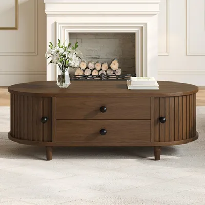 Produktbild von Runder Couchtisch mit Rolltüren Walnussholz kaffeetisch mit 2 Schubladen Beistelltisch MDF Wohnzimmertisch sofatisch mit Massivholzbeinen 100×50×36cm