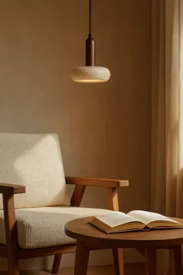 Immagine prodotto di Opviq, lampadario di alta qualità con struttura in legno, calotta in travertino Ø 15 cm, altezza 16 cm, regolabile in altezza da 22 a 152 cm, 1 lampadina LED da 24 W, nei colori beige e noce, design rustico adatto a qualsiasi ambiente.
