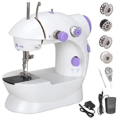 A white electric sewing machine with purple accents is shown on a white background, along with its accessories.