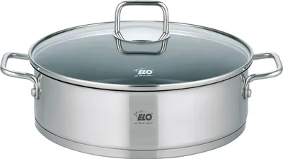 A stainless steel pot with a glass lid and handles, shown from a front-side angle on a white background.