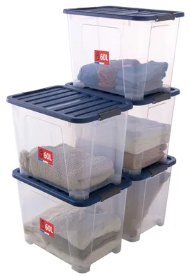 Aufbewahrungsbox 60L, stapelbar, 5er Set, transparent/blau