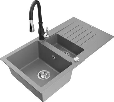 Produktbild von Mexen Matias 1,5-Becken-Granitspüle mit Abtropffläche und Mischbatterie Savita, Grau - 6502-71-672601-70