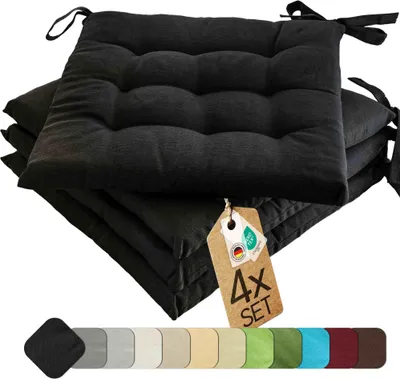 Produktbild von Sitzkissen Stuhlkissen Indoor & Outdoor 4er Set 40x40 cm - Schwarz - etérea Stuhl Kissen Auflage mit Bändern