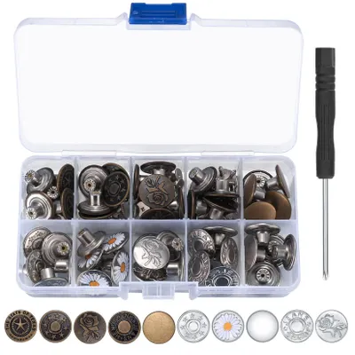 Metall-Jeansknöpfe, 17 mm, 50 Stück, 10 Stile, mit Schraubendreher